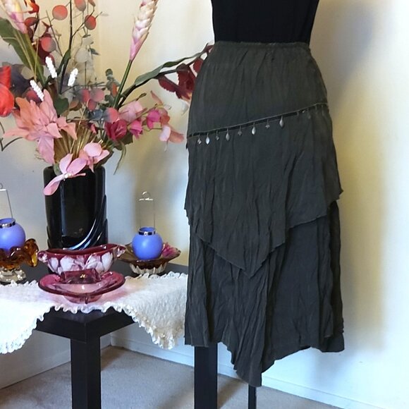 NWT Women Olive Green 2-Layers of Tiered Lined Skirt Elastic High Waist Skirt 14 - Picture 4 of 11
